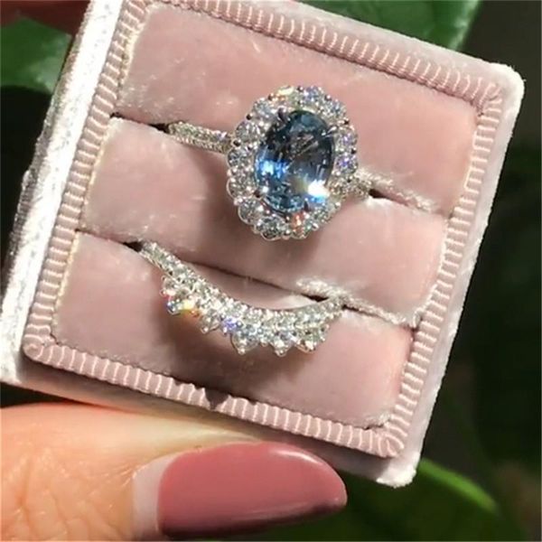 

wedding rings 2pcs/set fashion oval cut natural crystal engagement ring set anniversary gift women band party jewelry, Slivery;golden