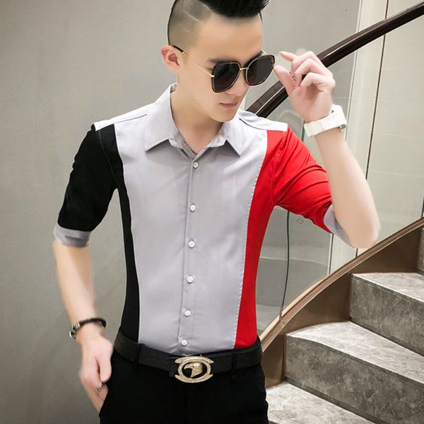 

2021 seams shirt half-naked casual dress shirts fashion streetwear social night club men's blouse es1p, White;black