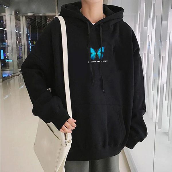 

men's hoodies & sweatshirts become the change butterfly print sweatshirt aesthetic oversized winter warm pullover loose tracksuit femal, Black