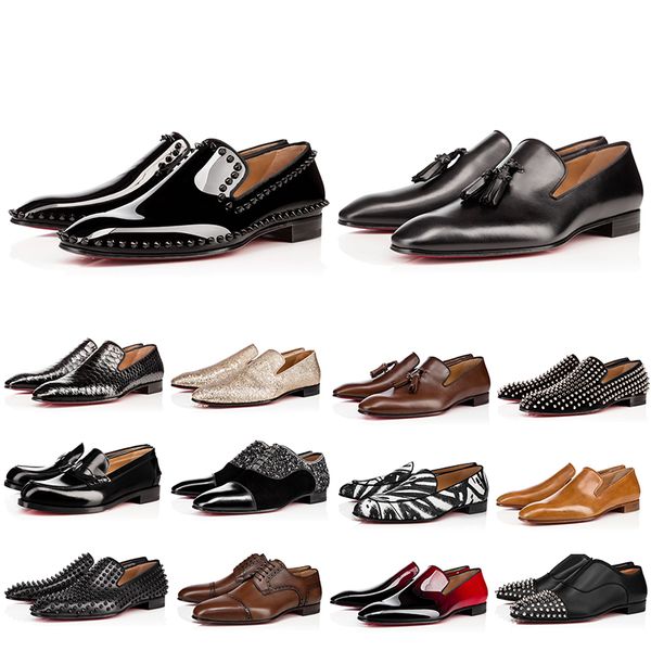 

mens red bottom dandelion male spikes shoes greggo orlato tassel flat black patent real leather sude velvet loafer party dress shoe box size