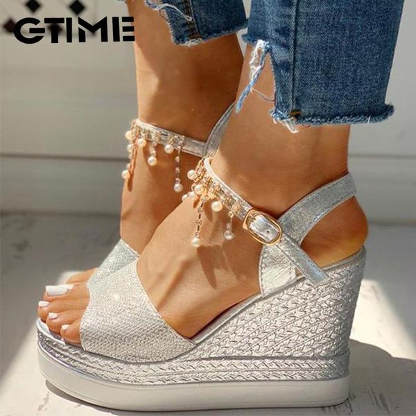 

sandals 2021 women wedge summer bead studded detail platform buckle strap peep toe thick bottom casual #sjpae-92, Black