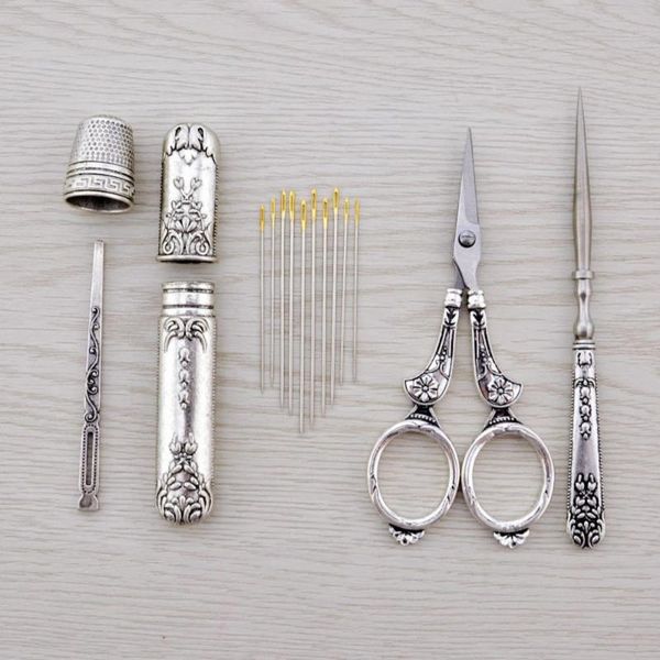 

sewing notions & tools 8styles/set vintage stainless steel sliver art mix embroidery scissor needle case thimble, Black