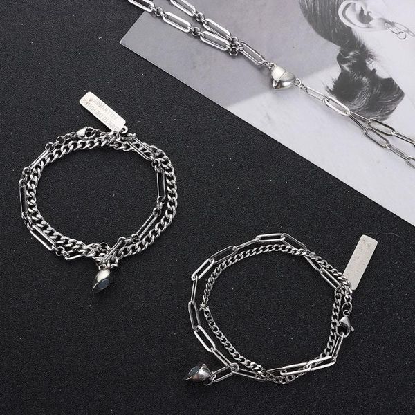 

link, chain gifts for women men fashion friend o-shaped bracelet double magnet stainless steel gift couple, Black