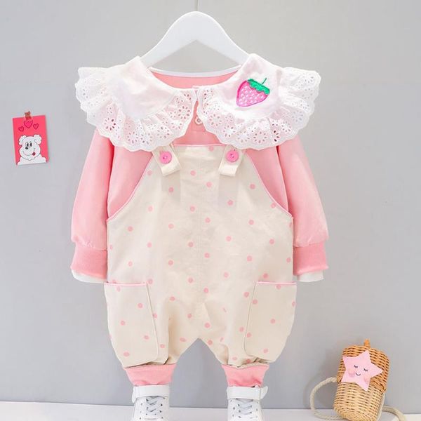 

2021 girls princess 2pcs clothes set baby kids children spring long sleeve lace collar +dot polka overall pant outfit s11930, White