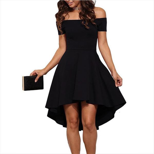 

summer a line fashion elegant women dresses party slash neck off shoulder skater solid irregular vestido de mujer b6305c, Black;gray