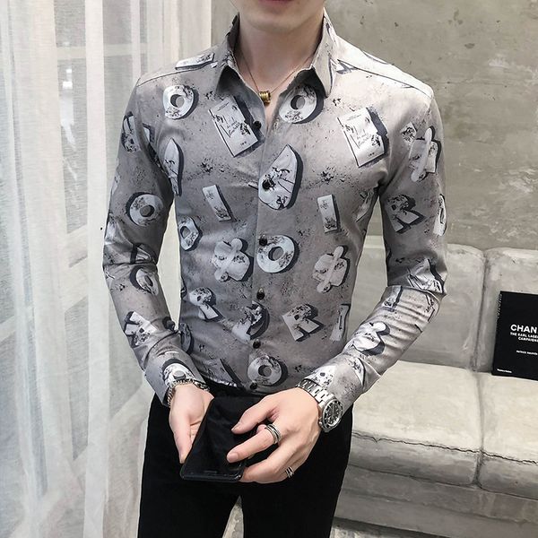 

british style shirts long male thin fit printed letter dress social shirt streetwear men's clothes 8s2s, White;black