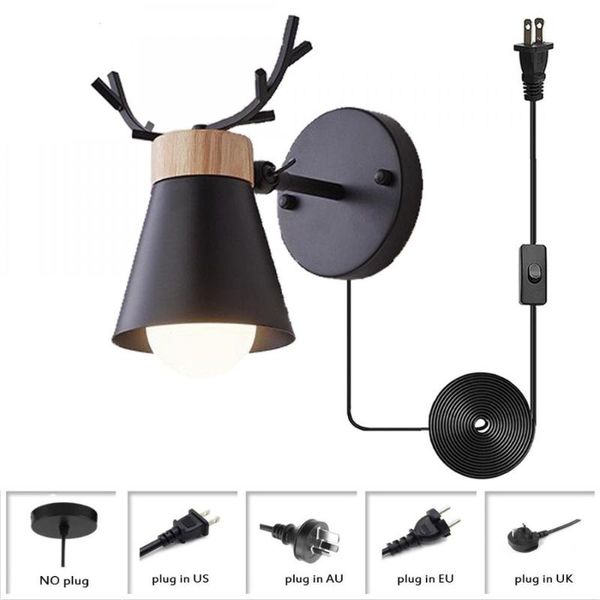 

wall lamp minimalist decoration black metal light, little antlers plug in sconces, children's room night plug-in cord