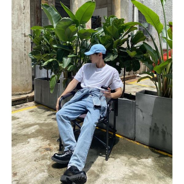 

men's jeans korean style all-match high-end loose straight-leg pants ins trend light blue wide-leg trousers