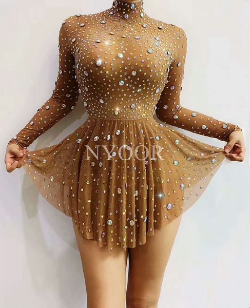 

transparent rhinestones long sleeve mini dress crystal dance costume women birthday celebrate party outfit show stage wear, Black;red