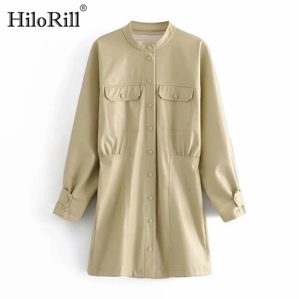 

casual dresses hilorill 2021 arrival faux leather dress solid batwing sleeve loose mini women o neck single button a line lady, Black;gray