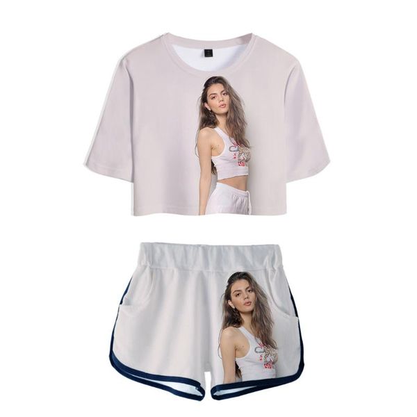 

women's tracksuits 3d printed addison-rae exposed navel t-shirt +shorts two-piece sets fashion girl's summer suits, Gray