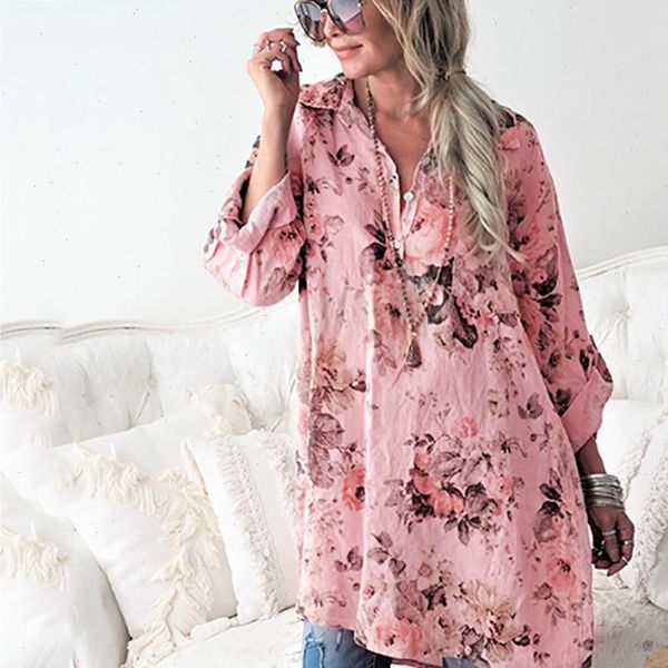 

large size shirt flora women print plus size tunic casual loose flower print long sleeve tanic shirt females blouse, White