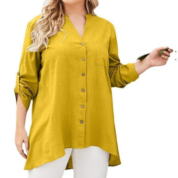

plus size t-shirt women casual collared shirt blouses long sleeve single-breasted mid-length v-neck 2021 autumn, Black