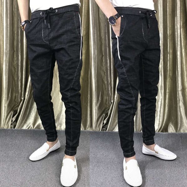 

20212021 spring new men's korean elastic leggings social spirit guy slim harlan jeans trendy man, Blue