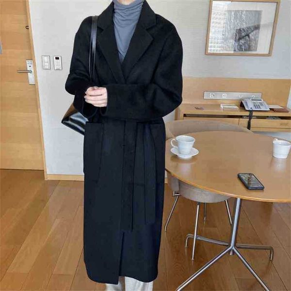 

french warm female wool blend winter retro elegant loose solid women belt woolen coats chic casual long clothe 210525, Black