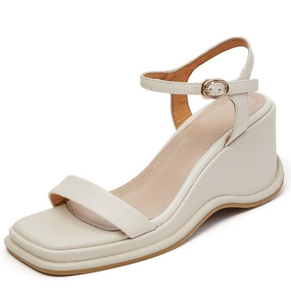 

sandals fanyuan 2021 summer women wedges platform genuine leather party wedding shoes high heels, Black