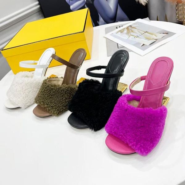

designer suede womens half slippers cowhide 100% leather fashion thin heels slides woman shoe beach lazy sandals metal heel high heeled, Black