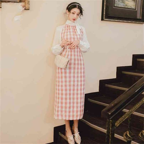 

summer pink plaid bow neck women dress full sleeve vintage office lady long straight mid-calf elegant es 210603, Black;gray