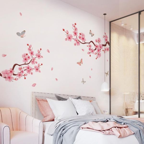 Wandaufkleber, Louyun, PVC, rosa Pfirsichblüte, chinesischer Stil, Schmetterlingsdekoration, romantische DIY-Abziehbilder für Zuhause und Innenbereich