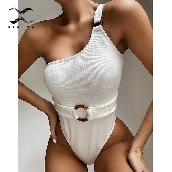 

vintage swimsuit women white one shoulder swimwear 2021 belt bathing suit new high cut bikini monokini bathers bodysuit mujer