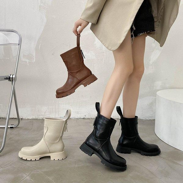 

boots lady women shoes autumn winter footwear round toe back zip zipper mid calf 2021 low riding leather rock mid-calf lolita, Black