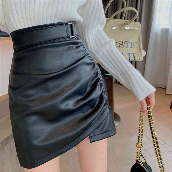 

magogo korean pu women high-waist skirt all-match irregular hip a-line skirt, Black