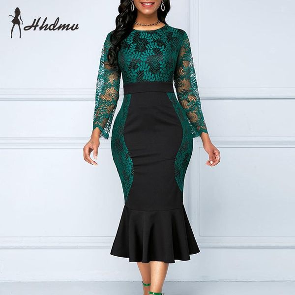 

casual dresses 2021 spring network patchwork mature elegant plus size style full sleeve high waist women mermaid midi dress, Black;gray