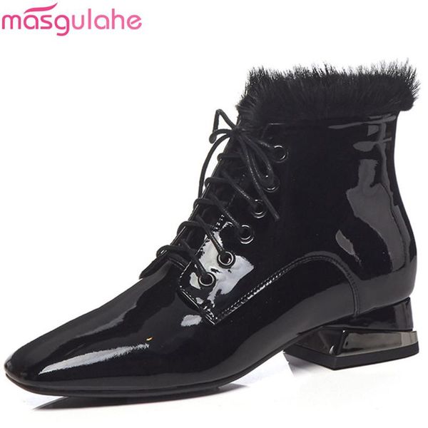 

boots masgulahe 2021 fashion ankle for women square toe lac up black cow patent leather med heels autumn winter