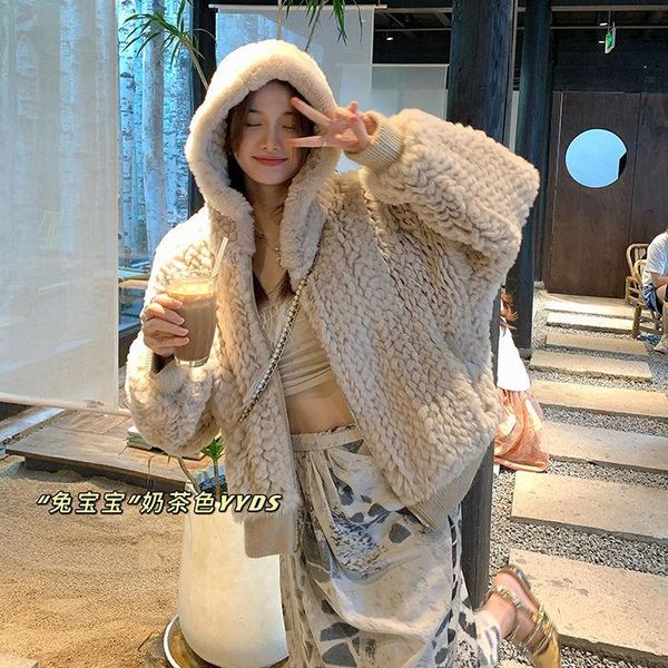 

women's fur & faux 2021 winter fashion women rex coats lady loose hooded thick warm jacket female furs plush coat n157, Black