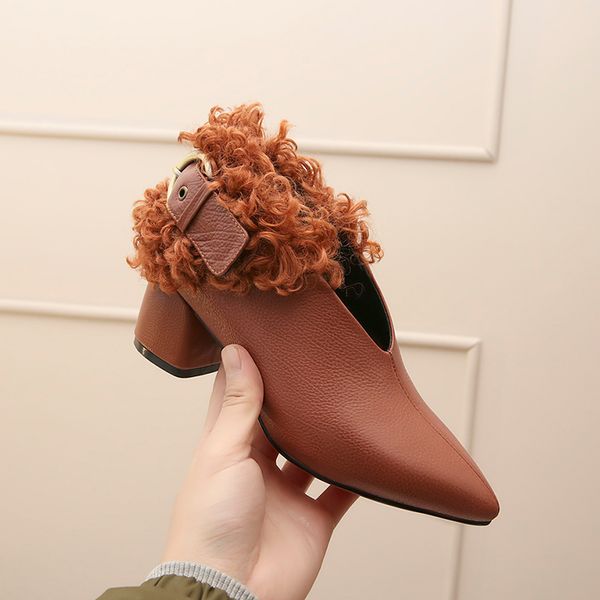 

womens red bottom med heel pointed toe pumps brand designer metal buckle real fur decoration high heel shoes plus size brown, Black