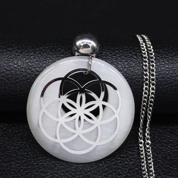 

pendant necklaces stainless steel opal long chain necklace for women flower of life silver color jewelry sautoir femme n20223