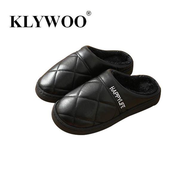 

slippers winter mens plush waterproof leather shoes couple soft non-slip warm home for male klywoo, Black