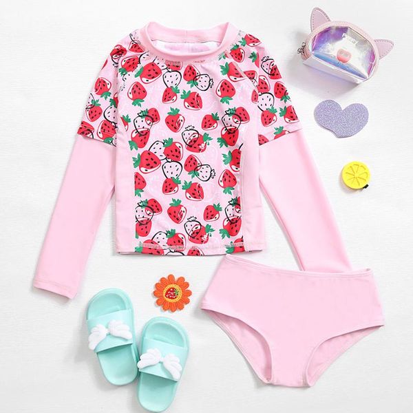 

surf rashgurd long sleeve girl swimsuit two piece children's swimwear strawberry print toddler girls bathing suit beachwear 2021