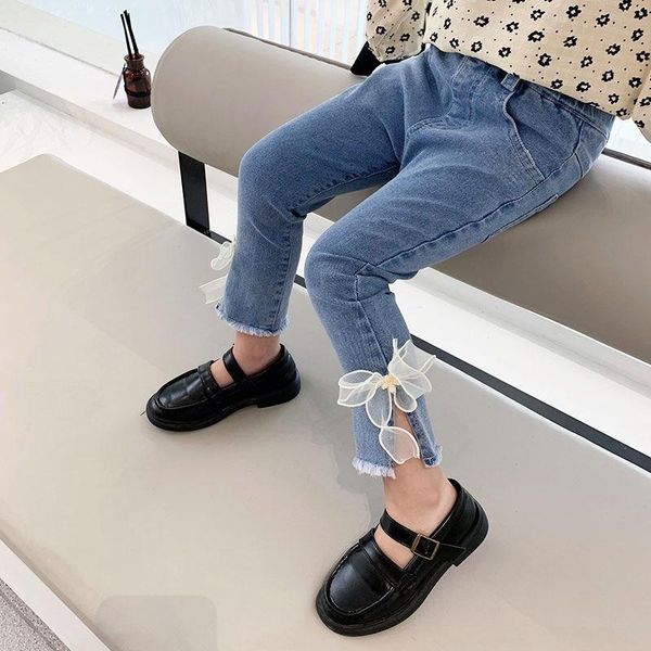 

jeans children's pants spring autumn baby girls korean slim split casual solid bow-knot denim trousers for 2-8 y, Blue