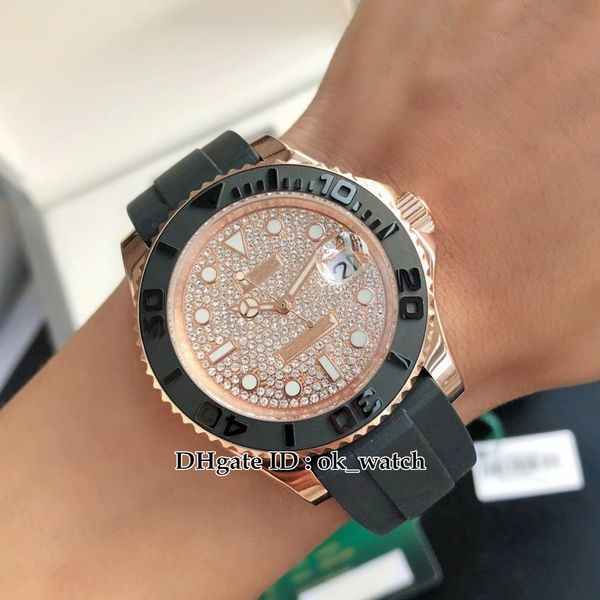

new 40mm watch ceramics bezel watch gdf 126655 miyota 8215 automatic mens watch diamond dial rose gold case black rubber strap gents busines, Slivery;brown