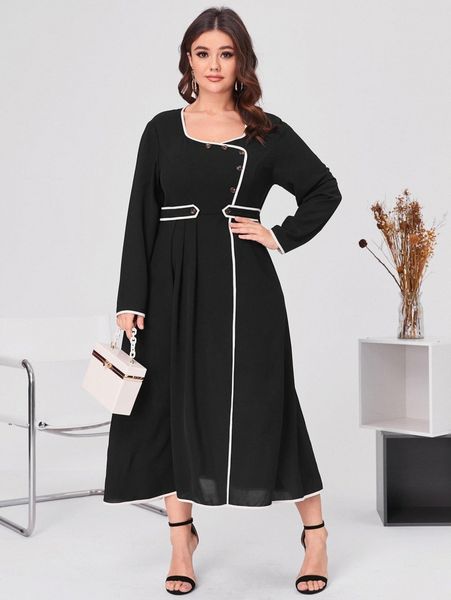 

plus fold pleated contrast binding dress z9wb#, Black