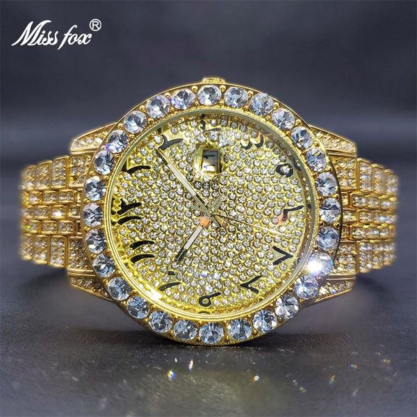

wristwatches missfox luxury designers gold plated watches for men hip hop street style diamond bling watch with box waterproof drop, Slivery;brown