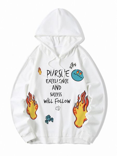 

men cartoon & slogan graphic drawstring hoodie m5y8#, Black