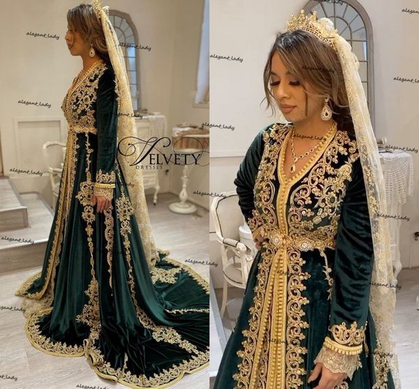 

moroccan kaftan evening formal dresses hunter green velvet gold lace applique muslim long sleeve islamic dubai prom dress robes, Black