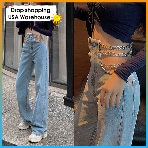

women's jeans 2021 summer high waist slim hollow chain blue loose straight wide leg trousers women fashion harajuku pants