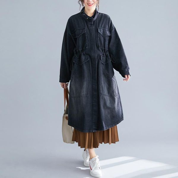 

women's trench coats denim jacket windbreaker jeans long coat women autumn large pocket loose cardigan plus size vintage mujer chaqueta, Tan;black