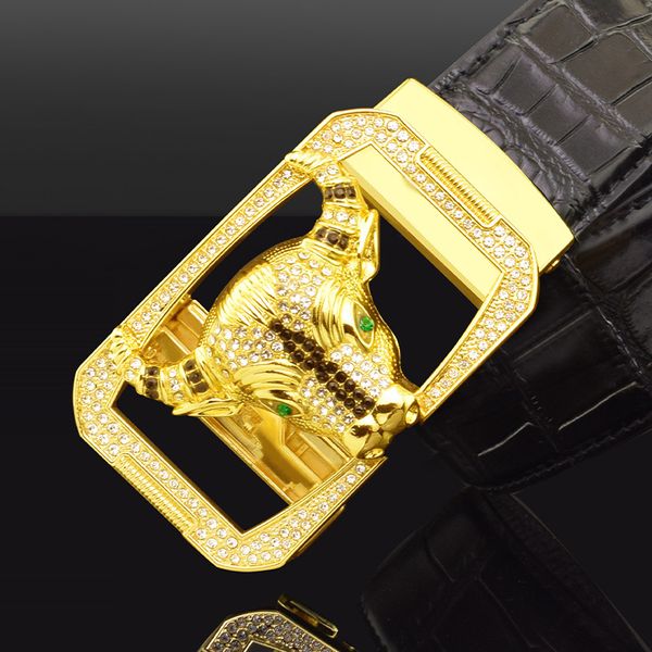 

brand belt cow head belt men's leather automatic buckle gold fashion crocodile pattern personalized pants, Black;brown