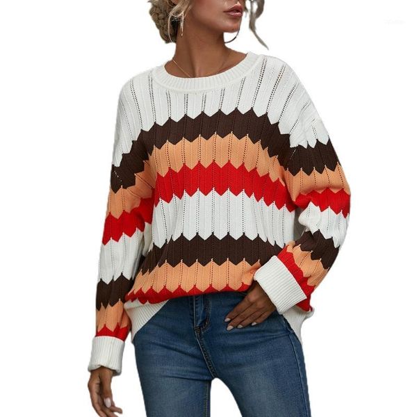 

women autumn long sleeve o-neck sweater rainbow color block wavy striped pullover casual loose jumper knitwear streetwear women's swea, White;black