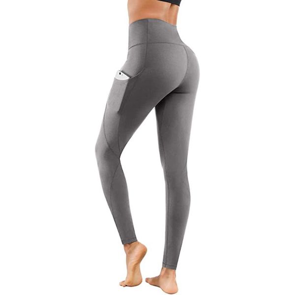 

women's leggings women solid color fitness with pockets legging female exercise pants seamless high waist trousers sport push up leggin, Black