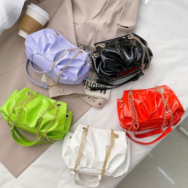 

shoulder bags solid color pleated tote bag fashion soft patent leather women candy chain handbag casual travel armpit