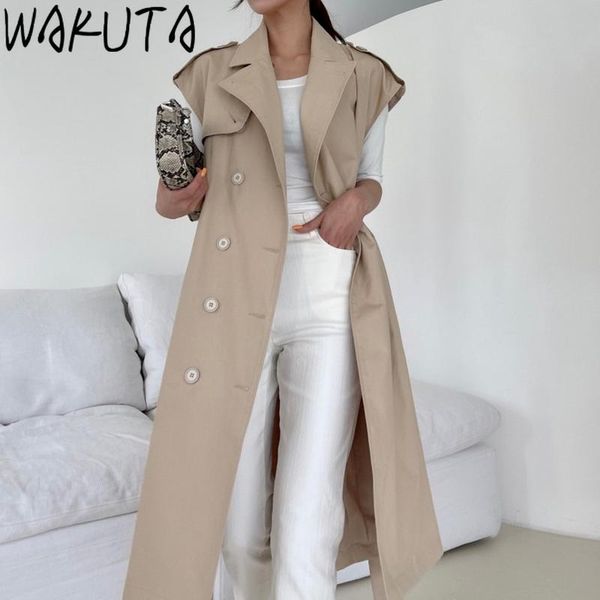 

women's vests wakuta elegant women double breasted sleeveless long trench coat vintage turn-down collar warm apricot khaki vest with be, Black;white