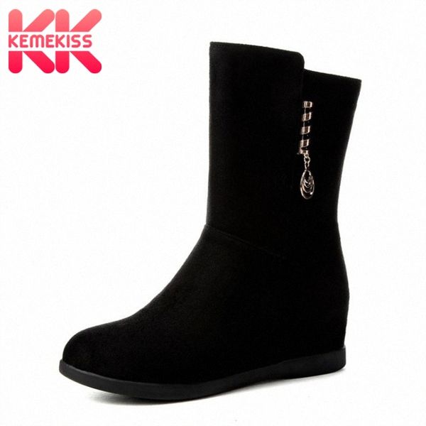 

kemekiss size 33 43 women mid calf boots high heels female buckle winter warm fur shoes woman wedge zipper half short boots snowboard 01o4#, Black
