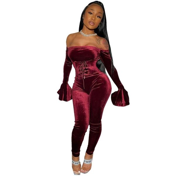 

women's jumpsuits & rompers velvet womens long pants flare sleeve lace up off shoulder bodycon romper jumpsuit party club, Black;white