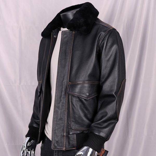 

men's leather & faux 2021 black military style g1 pilot jacket europe size xxl genuine natural cowhide winter thick warm loose aviation