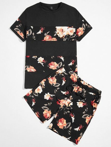 

men floral print tee and shorts set d7eb#, Gray